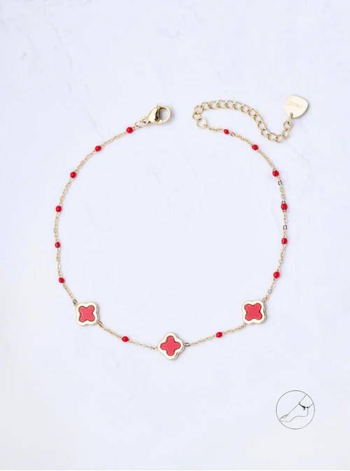 Bransoletka na kostkę, czerwone koniczynki, stal S109626Z03