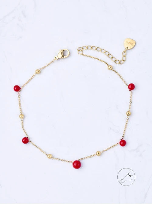 Bransoletka na kostkę, czerwone kuleczki, stal pozłacana S109635Z03