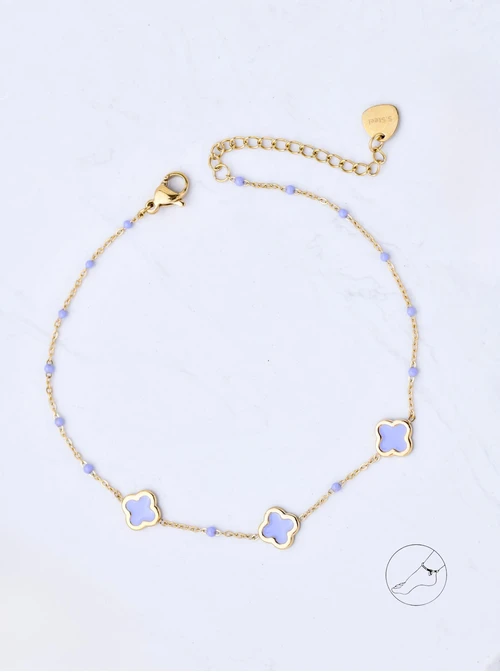 Bransoletka na kostkę, fioletowe koniczynki, stal pozłacana S109626Z08