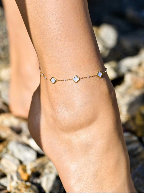 Bransoletka na kostkę, fioletowe koniczynki, stal pozłacana S109626Z08