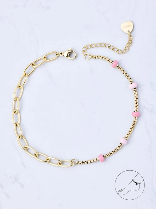 Bransoletka na kostkę, kuleczki, łańcuch, stal pozłacana  S109617Z06