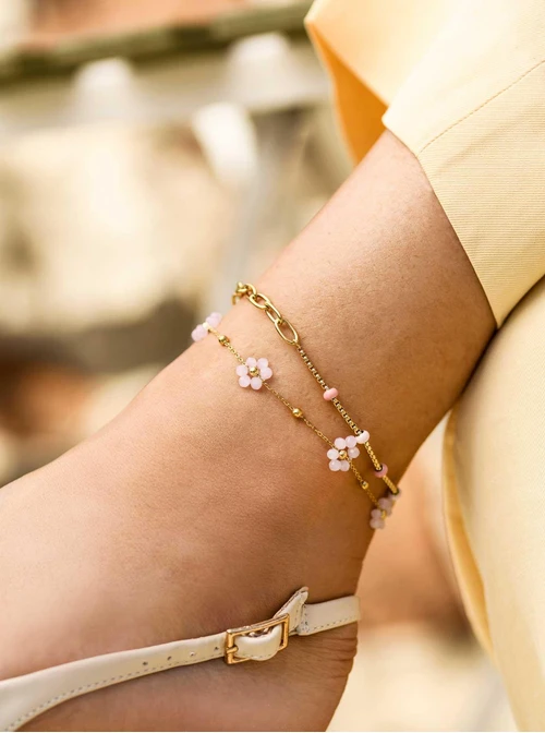 Bransoletka na kostkę, kuleczki, łańcuch, stal pozłacana  S109617Z06