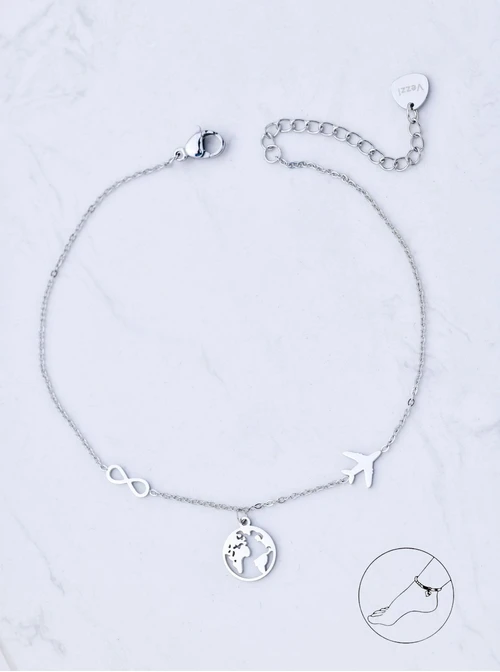 Bransoletka na kostkę, mapa, samolot, stal  S109623S00