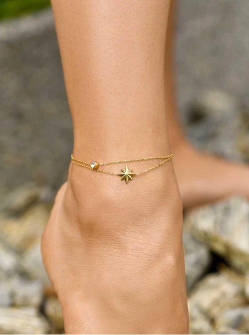 Bransoletka na kostkę, podwójna, gwiazdka, stal pozłacana S109621Z00