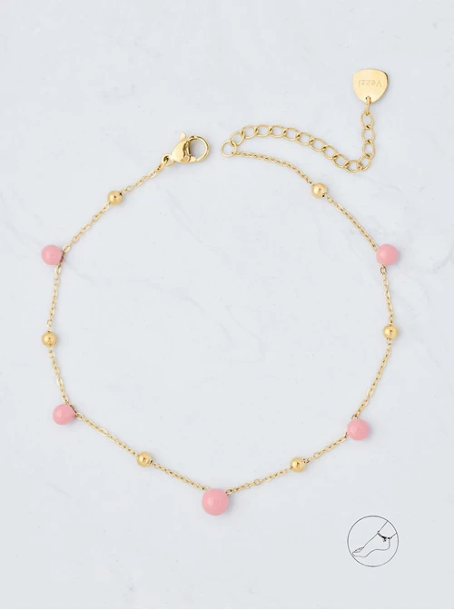 Bransoletka na kostkę, różowe kuleczki, stal pozłacana S109635Z06