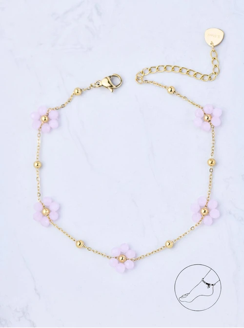 Bransoletka na kostkę, różowe kwiatuszki, stal pozłacana S109634Z06