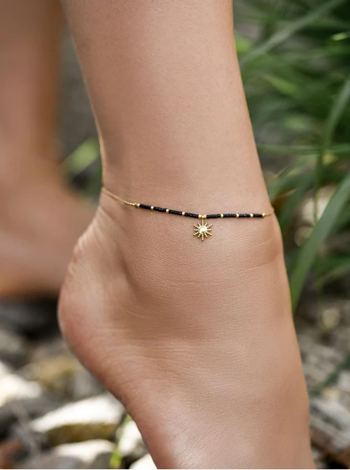 Bransoletka na kostkę słoneczko, koraliki Miyuki, stal pozłacana S109630Z01