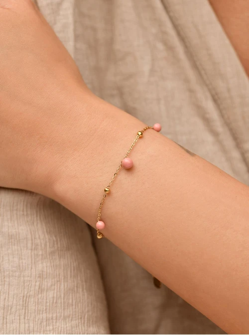 Bransoletka różowe kuleczki, stal pozłacana S109452Z06