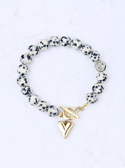 Bransoletka serce, Jaspis Dalmatyńczyk, stal pozłacana S109890Z00