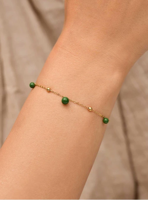 Bransoletka zielone kuleczki, stal pozłacana  S109452Z05