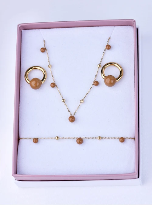[Zestaw] Naszyjnik beżowe kuleczki, stal pozłacana S309451Z13