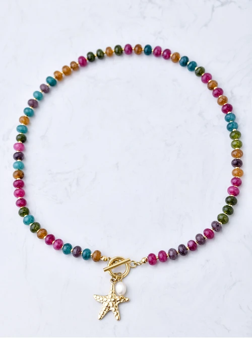 [Zestaw] Choker rozgwiazda, Turmalin, stal pozłacana S309755Z00