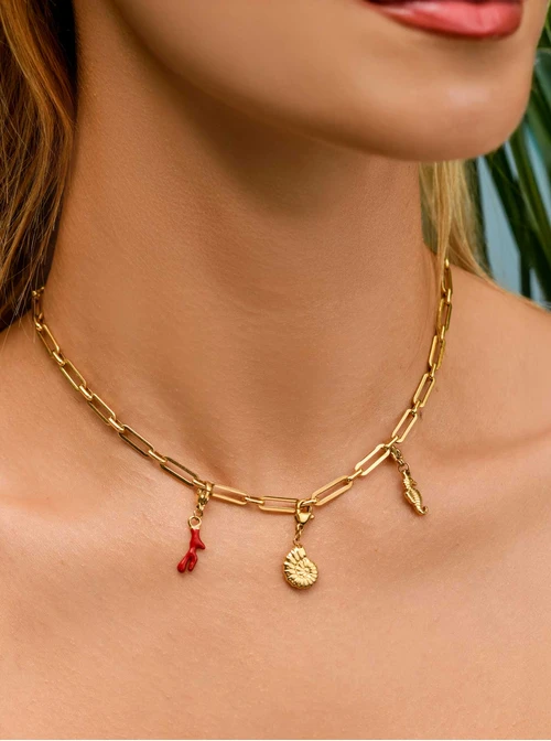 [Zestaw] Naszyjnik łańcuch, baza Charms, stal pozłacana S309775Z00