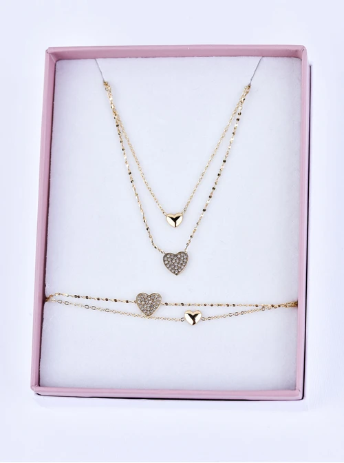 [Zestaw] Naszyjnik podwójny, serduszka, kryształki, złoty S306163Z00