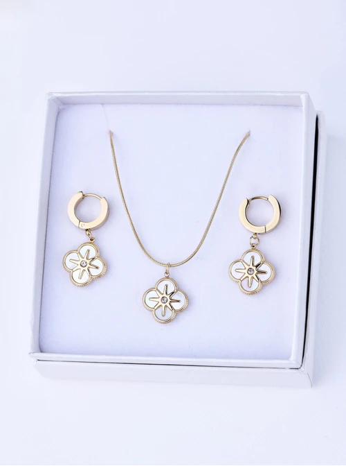 [Zestaw] Naszyjnik długi, perłowa koniczynka, stal pozłacana S309491Z02