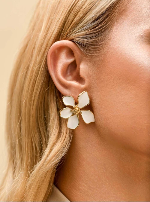 Kolczyki białe kwiaty, stal pozłacana S209690Z02