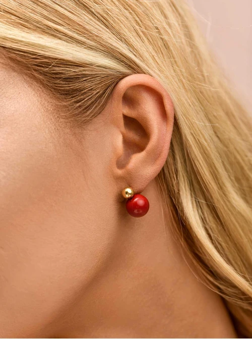 Kolczyki czerwona kulka, stal pozłacana S209450Z03