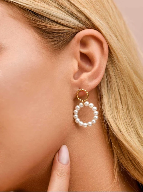 Kolczyki kółka, perełki, stal pozłacana S209893Z02