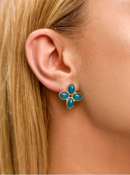 Kolczyki koniczynki, Agat Niebieski, stal pozłacana S209721Z00