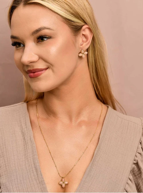 Kolczyki koniczynki, Opal Pudrowy, stal pozłacana  S209717Z00