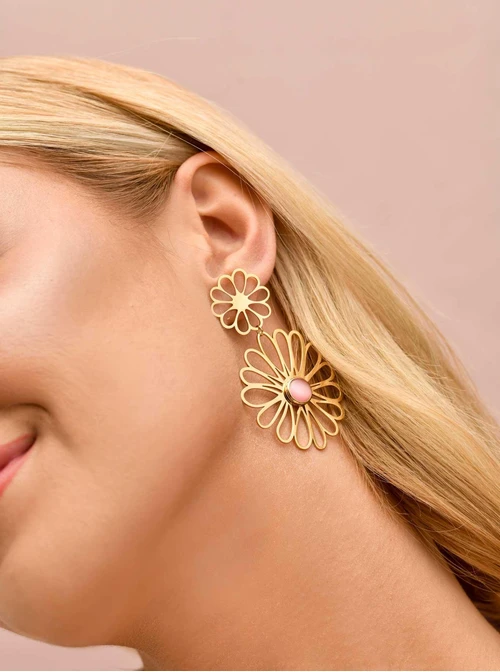 Kolczyki kwiaty, pudrowe Kocie Oko, stal pozłacana S209441Z00