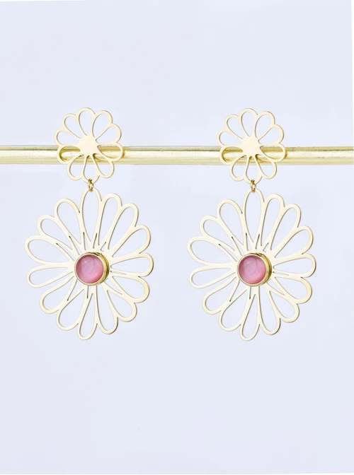 Kolczyki kwiaty, pudrowe Kocie Oko, stal pozłacana S209441Z00