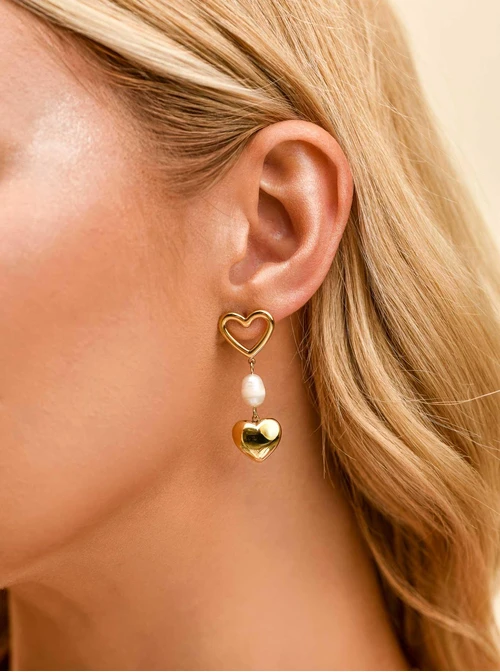 Kolczyki serduszka, perełka, stal pozłacana S209896Z02