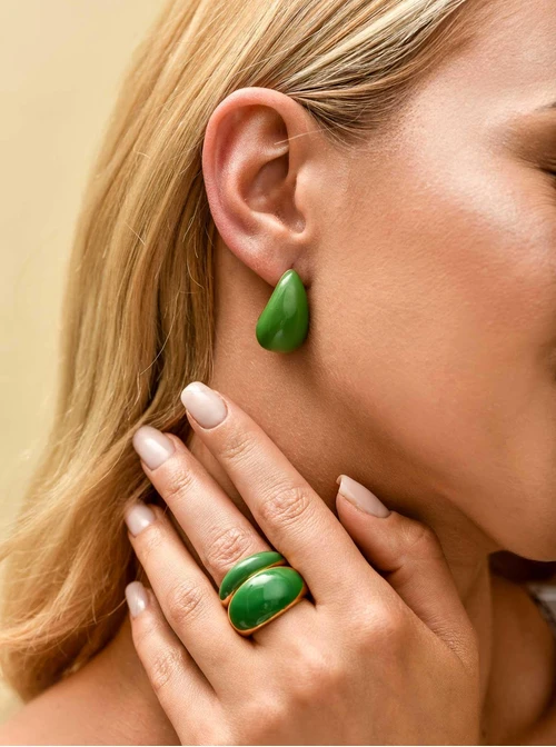 Kolczyki zielone krople, stal pozłacana S209913Z05