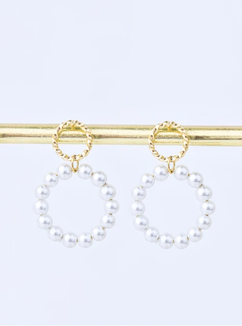 [Zestaw] Naszyjnik długi, kółeczka, perełki, stal pozłacana S309892Z02