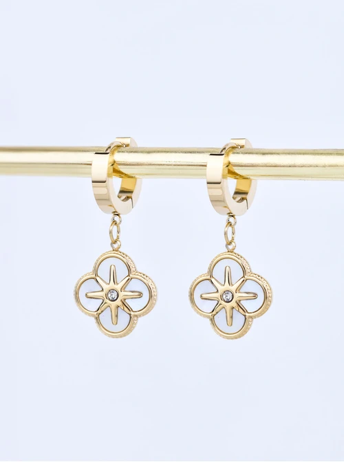 [Zestaw] Naszyjnik długi, perłowa koniczynka, stal pozłacana S309491Z02