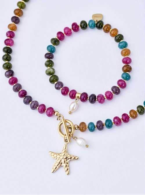 [Zestaw] Choker rozgwiazda, Turmalin, stal pozłacana S309755Z00
