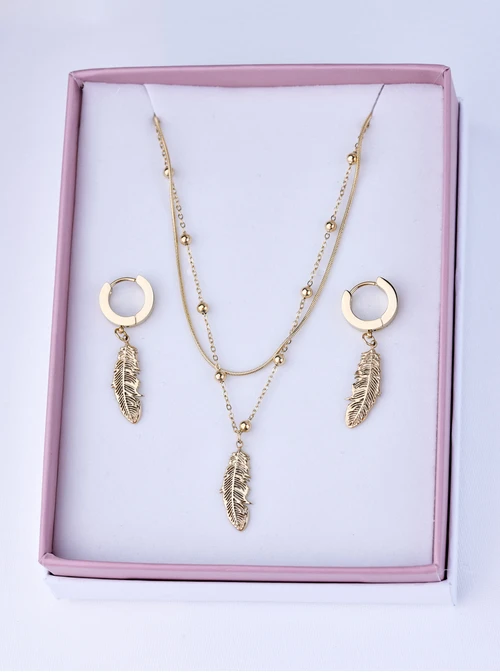 [Zestaw] Naszyjnik podwójny, piórko, stal pozłacana S309468Z00