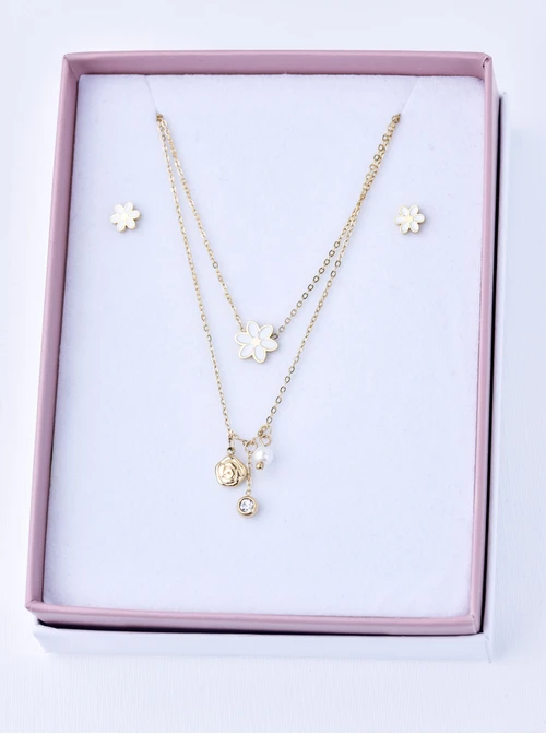 [Zestaw] Naszyjnik podwójny, kwiatuszek, stal pozłacana S309691Z00