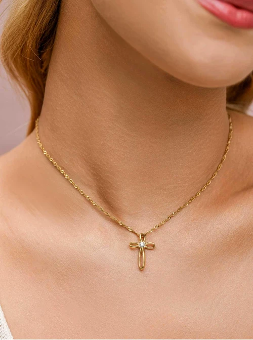 Naszyjnik Krzyżyk z kryształkiem, stal pozłacana S309568Z00