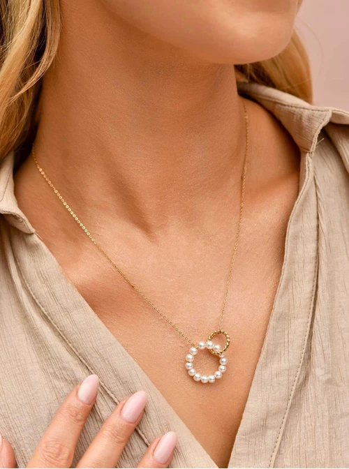 Naszyjnik długi, kółeczka, perełki, stal pozłacana S309892Z02