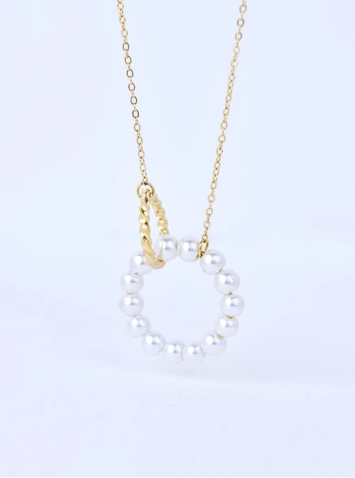 Naszyjnik długi, kółeczka, perełki, stal pozłacana S309892Z02