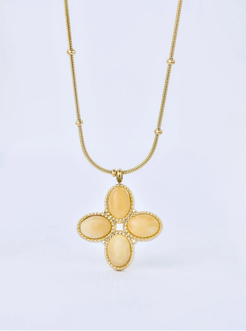 Naszyjnik długi, koniczynka, Jadeit, stal pozłacana  S309728Z00