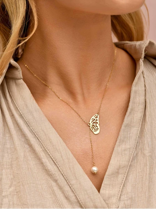 Naszyjnik krawatka, skrzydło motyla, perła, stal pozłacana S309983Z00