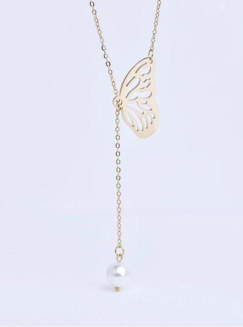 Naszyjnik krawatka, skrzydło motyla, perła, stal pozłacana S309983Z00