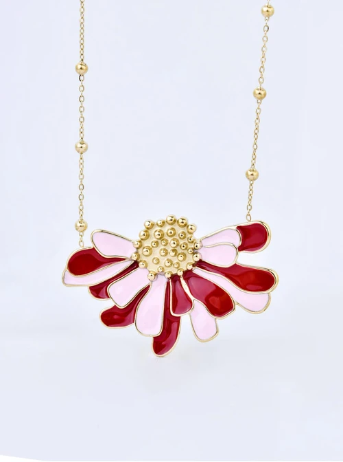 Naszyjnik kwiat różowo- bordowy, stal pozłacana S309671Z07