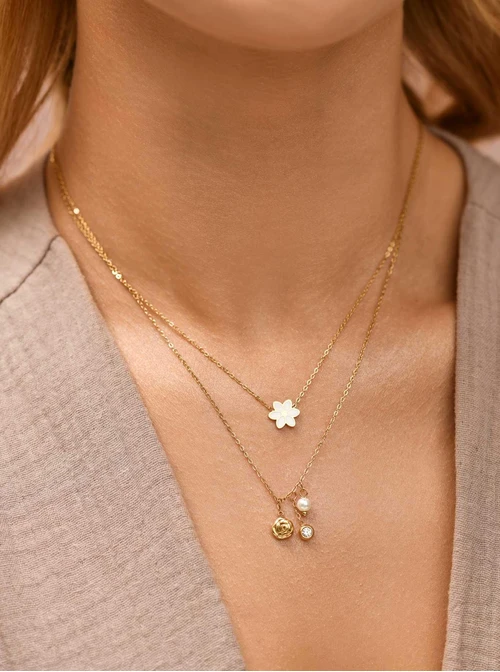 Naszyjnik podwójny, kwiatuszek, stal pozłacana S309691Z00