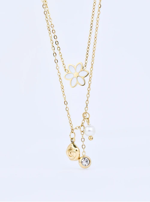 Naszyjnik podwójny, kwiatuszek, stal pozłacana S309691Z00