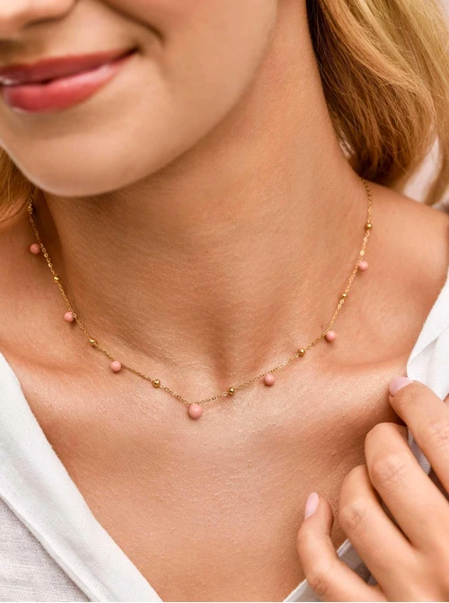 Naszyjnik różowe kuleczki, stal pozłacana S309451Z06