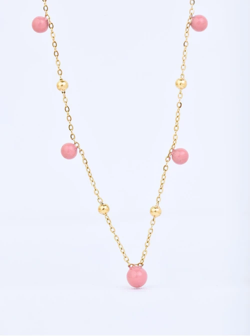 Naszyjnik różowe kuleczki, stal pozłacana S309451Z06