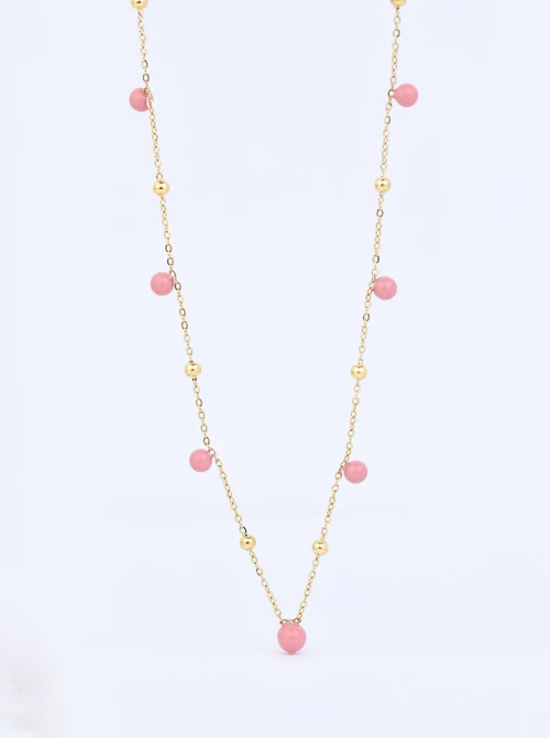 Naszyjnik różowe kuleczki, stal pozłacana S309451Z06