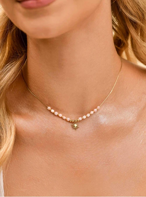 Naszyjnik słoneczko, różowe koraliki Miyuki, stal pozłacana S309942Z00