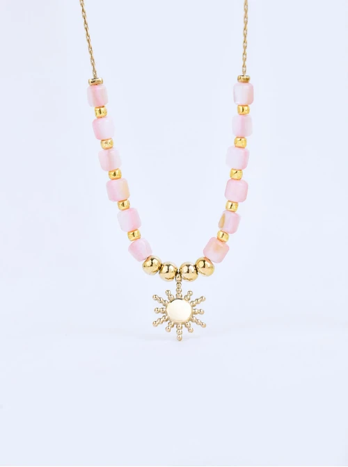 Naszyjnik słoneczko, różowe koraliki Miyuki, stal pozłacana S309942Z00