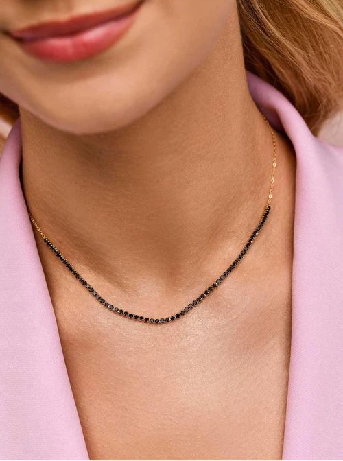 Naszyjnik tenisowy, czarne kryształki, stal pozłacana S309908Z01