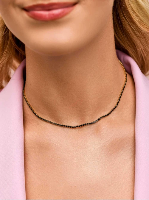 Naszyjnik tenisowy, czarne kryształki, stal pozłacana S309911Z01