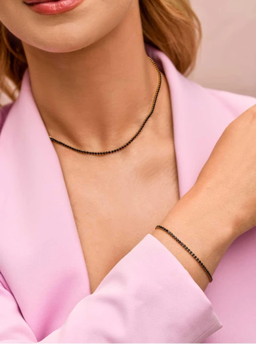 Naszyjnik tenisowy, czarne kryształki, stal pozłacana S309911Z01